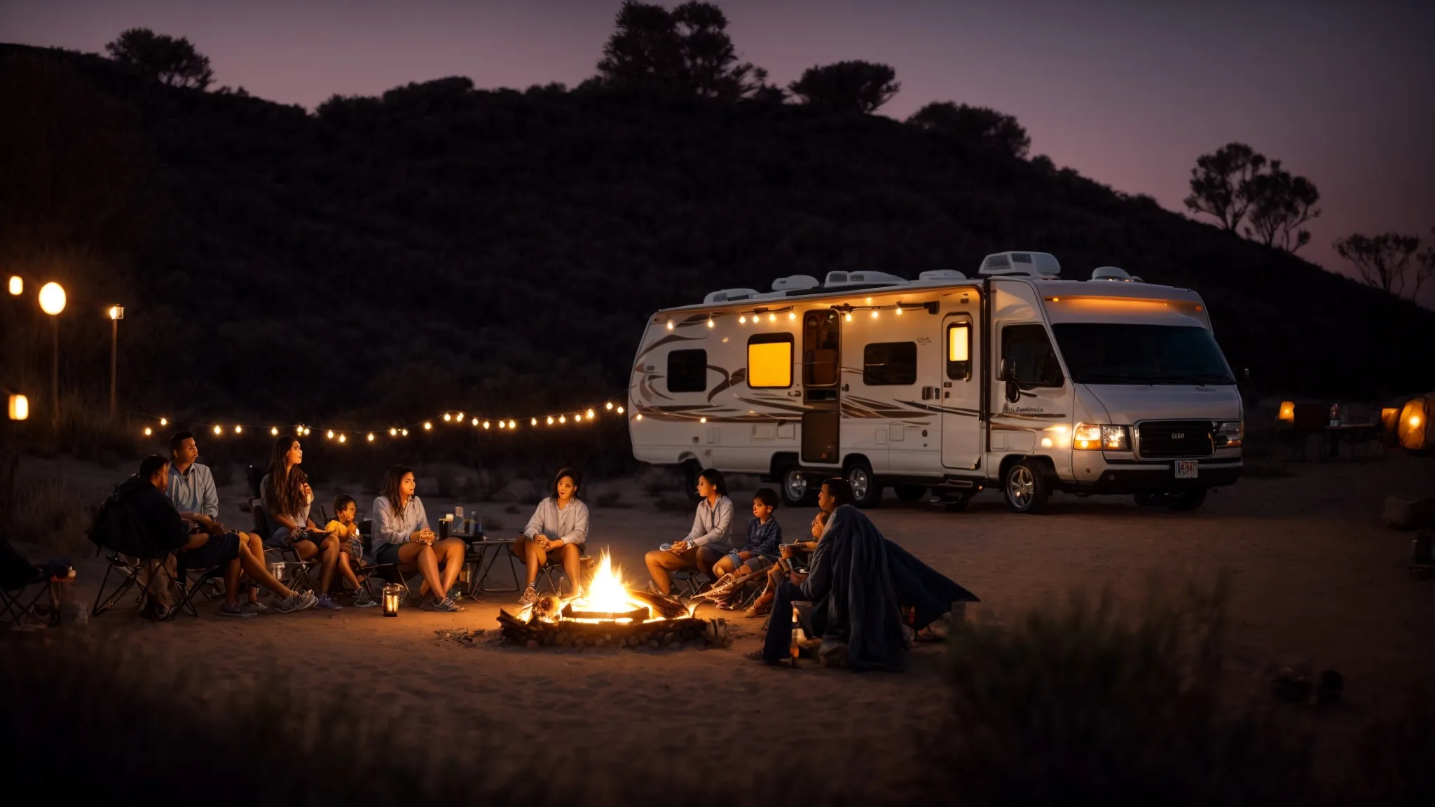 a family gathered around a campfire outside a parked rv at a tranquil san diego campsite as the sun sets.