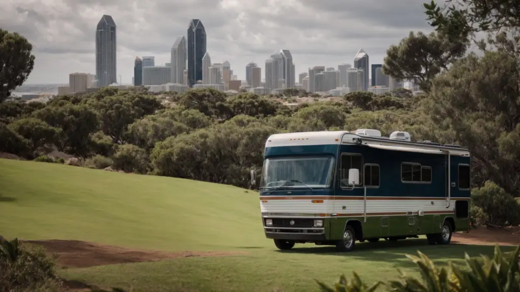 a recreational vehicle is parked amidst lush greenery with a view of san diego's skyline in the distance.