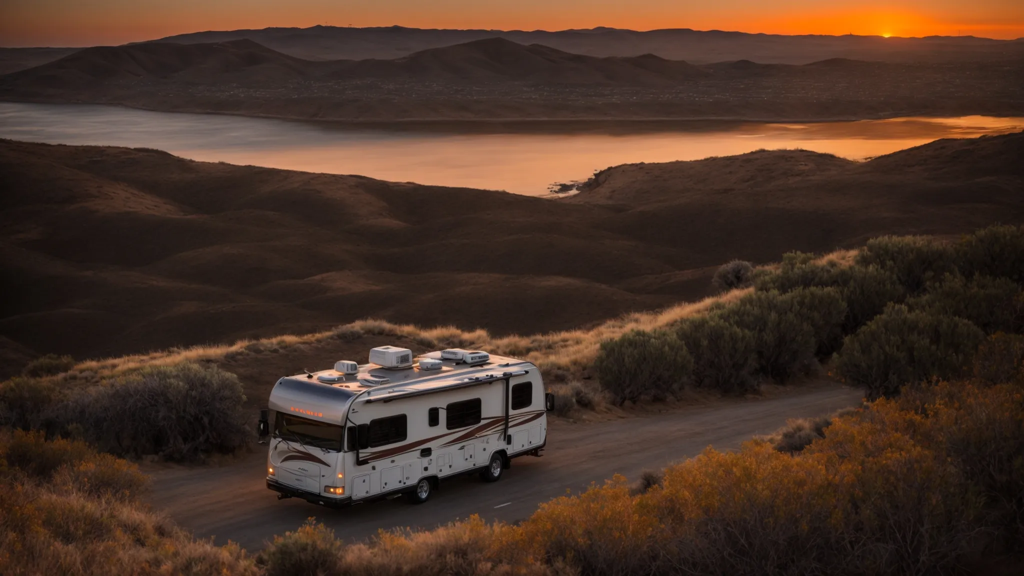 an rv parked amidst a picturesque san diego landscape with the sunset casting an orange glow over the nearby coast.