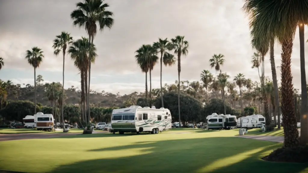 a scenic san diego park with rvs parked amidst sprawling green spaces and towering palm trees.