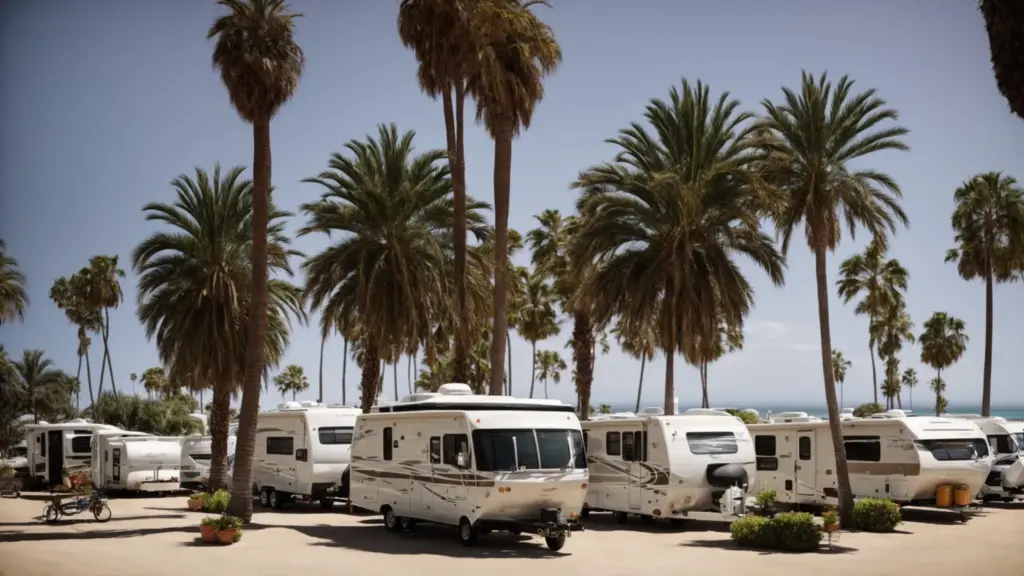 a row of well-maintained rvs parked beneath tall palm trees with views of the ocean in the san diego sunshine.