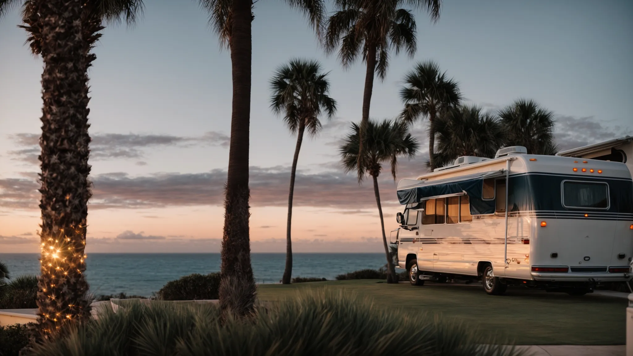 an rv parked amidst palm trees with a view of the ocean at sunset. 