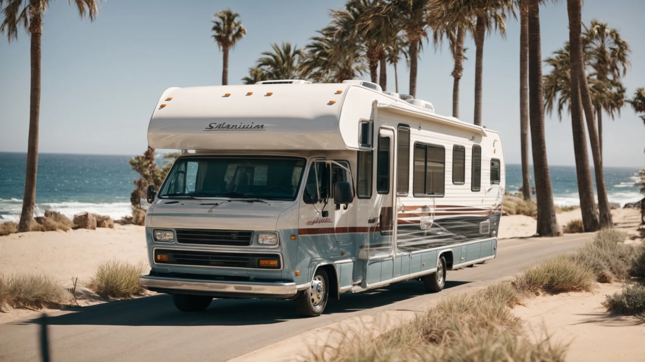 an rv drives along a coastal road near a sun-drenched beach with palm trees swaying in san diego.