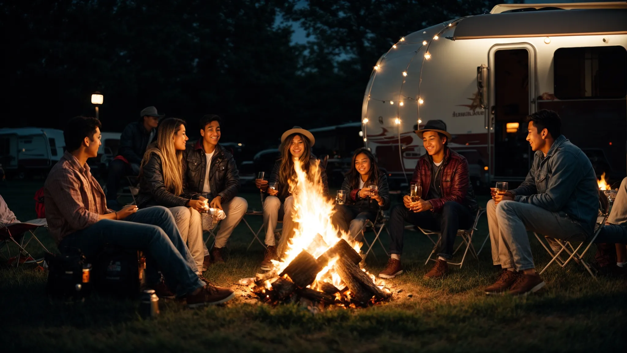 families and friends gather around a crackling campfire, enjoying an evening event at a lively rv park.