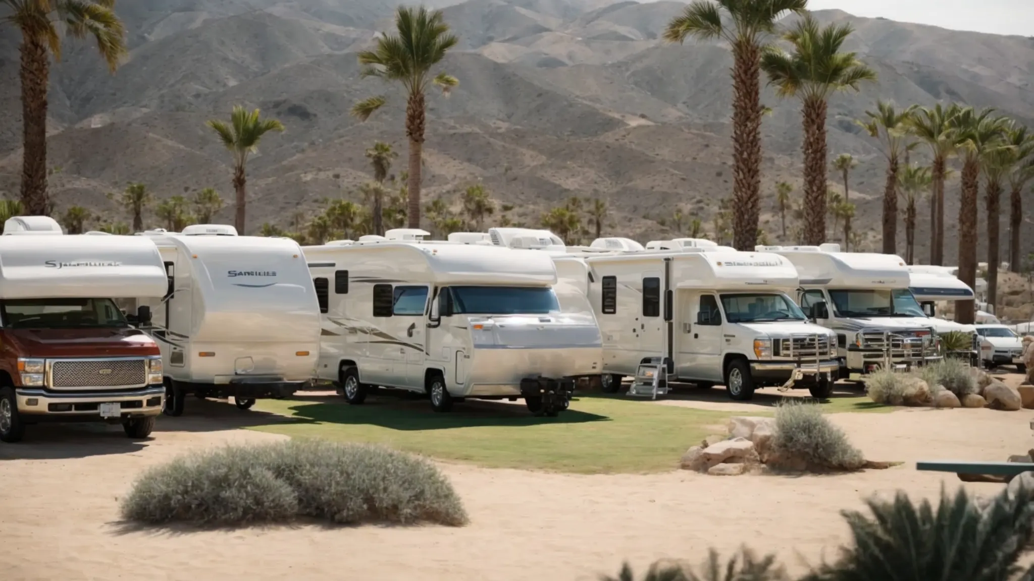 rvs of various sizes are parked side-by-side amidst the coastal landscape of san diego, under the welcoming shade of palm trees.