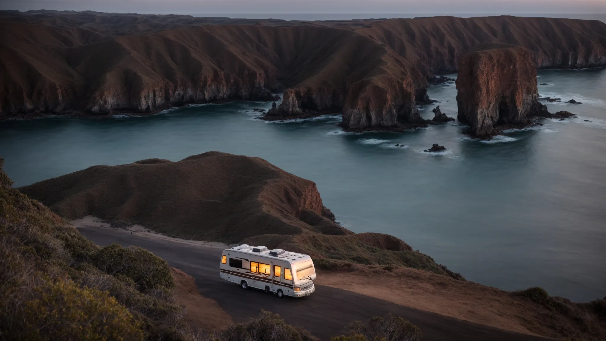 an rv is parked on an isolated cliff overlooking the expansive pacific ocean as the sun dips below the horizon.