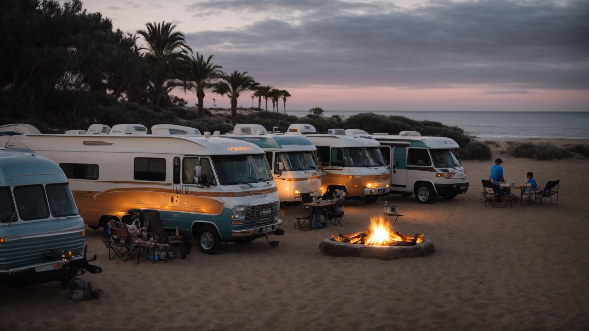 recreational vehicles parked in a picturesque row overlooking a serene san diego beach, with families enjoying nearby campfires as the sun sets.