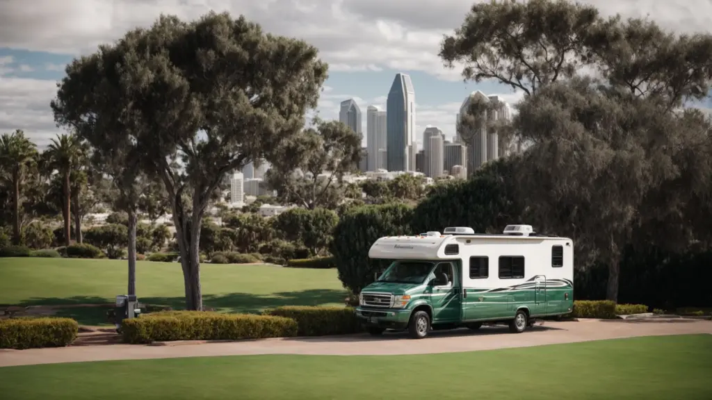 an rv parked by a lush green park with the san diego skyline in the background.