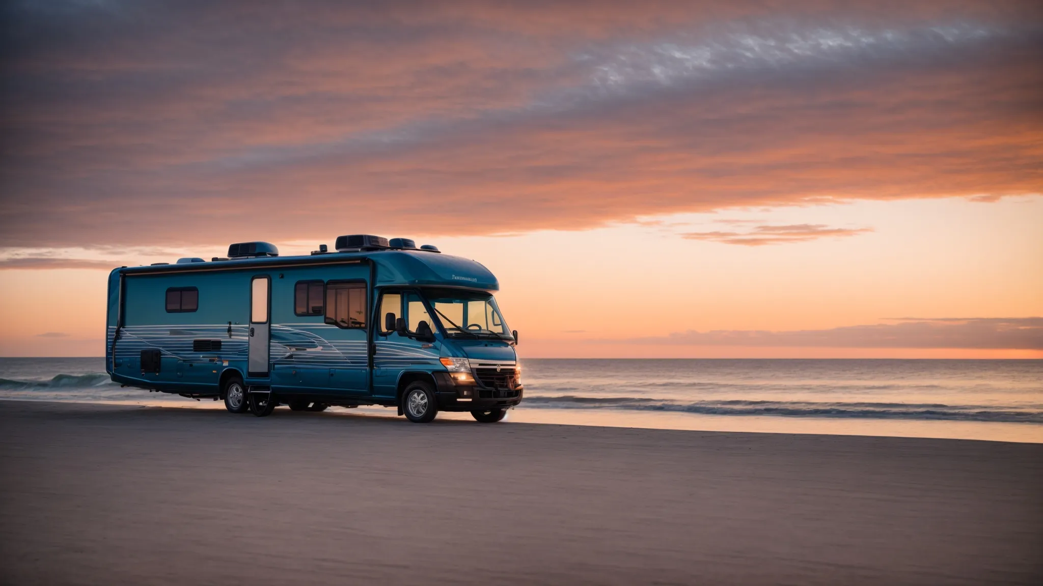 an rv is parked on the edge of a tranquil beach as the sun sets over the calm ocean waters.