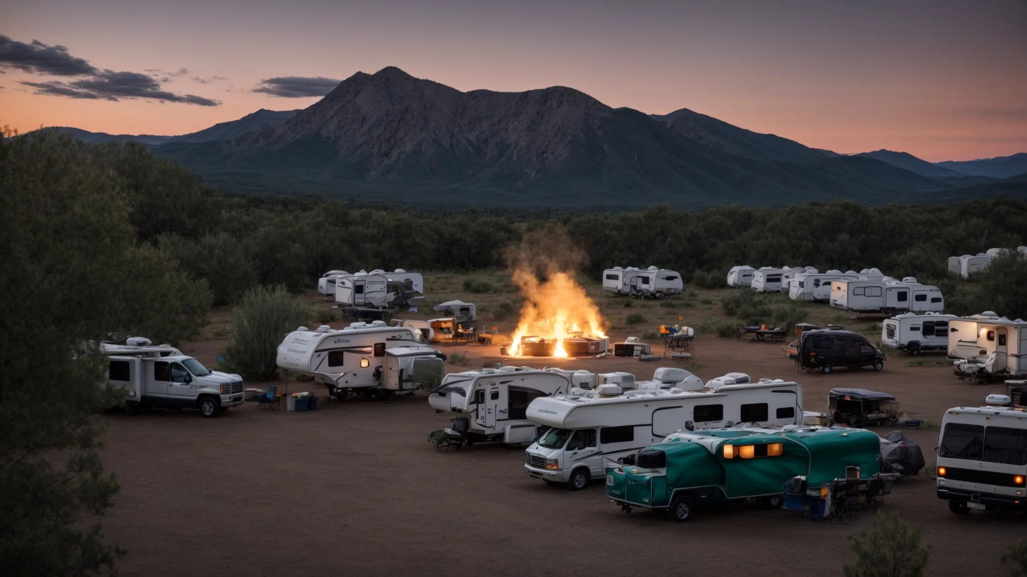 rvs parked in a circle around a central campfire in a scenic, open campground with mountains in the distance.