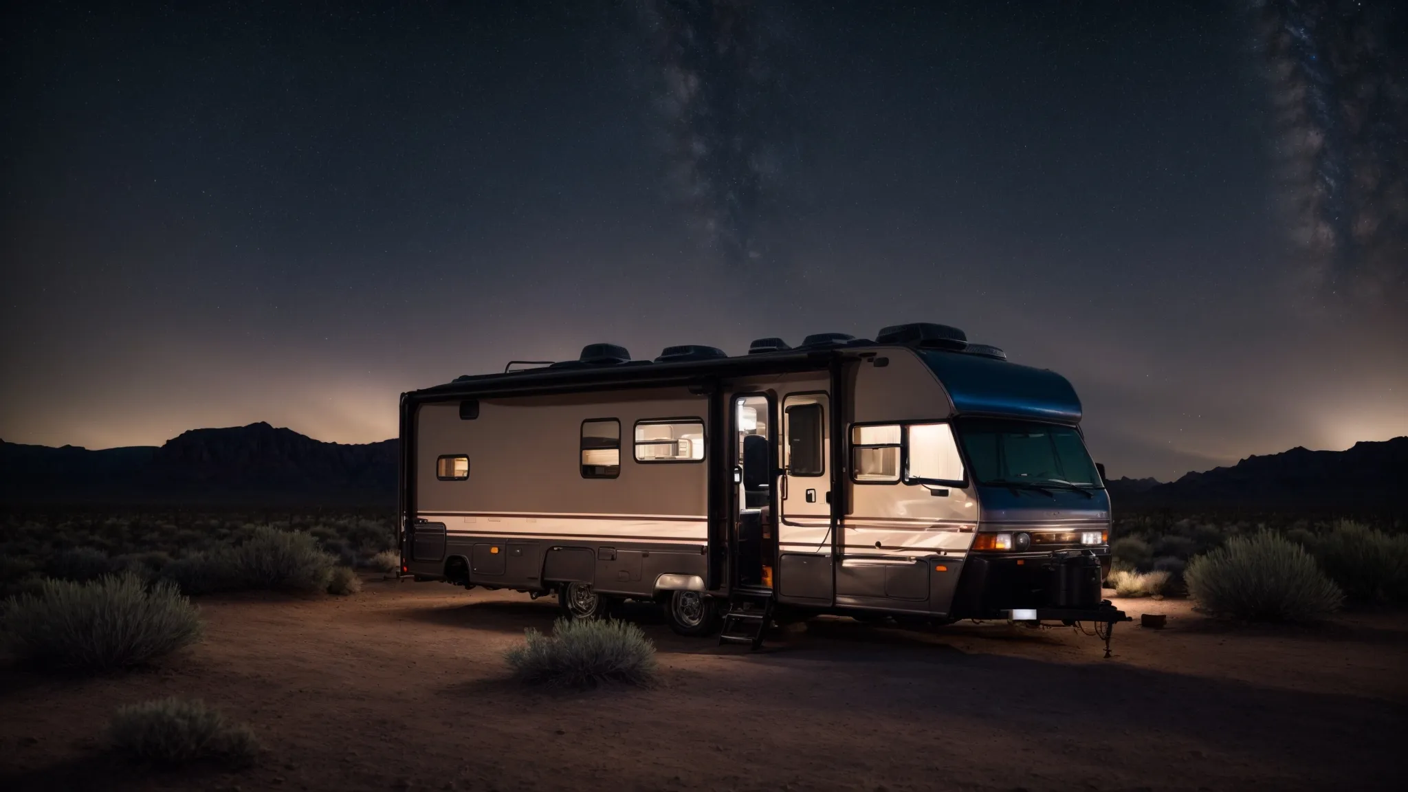 an rv sits secluded amidst rugged desert terrain under a vast sky shimmering with stars.