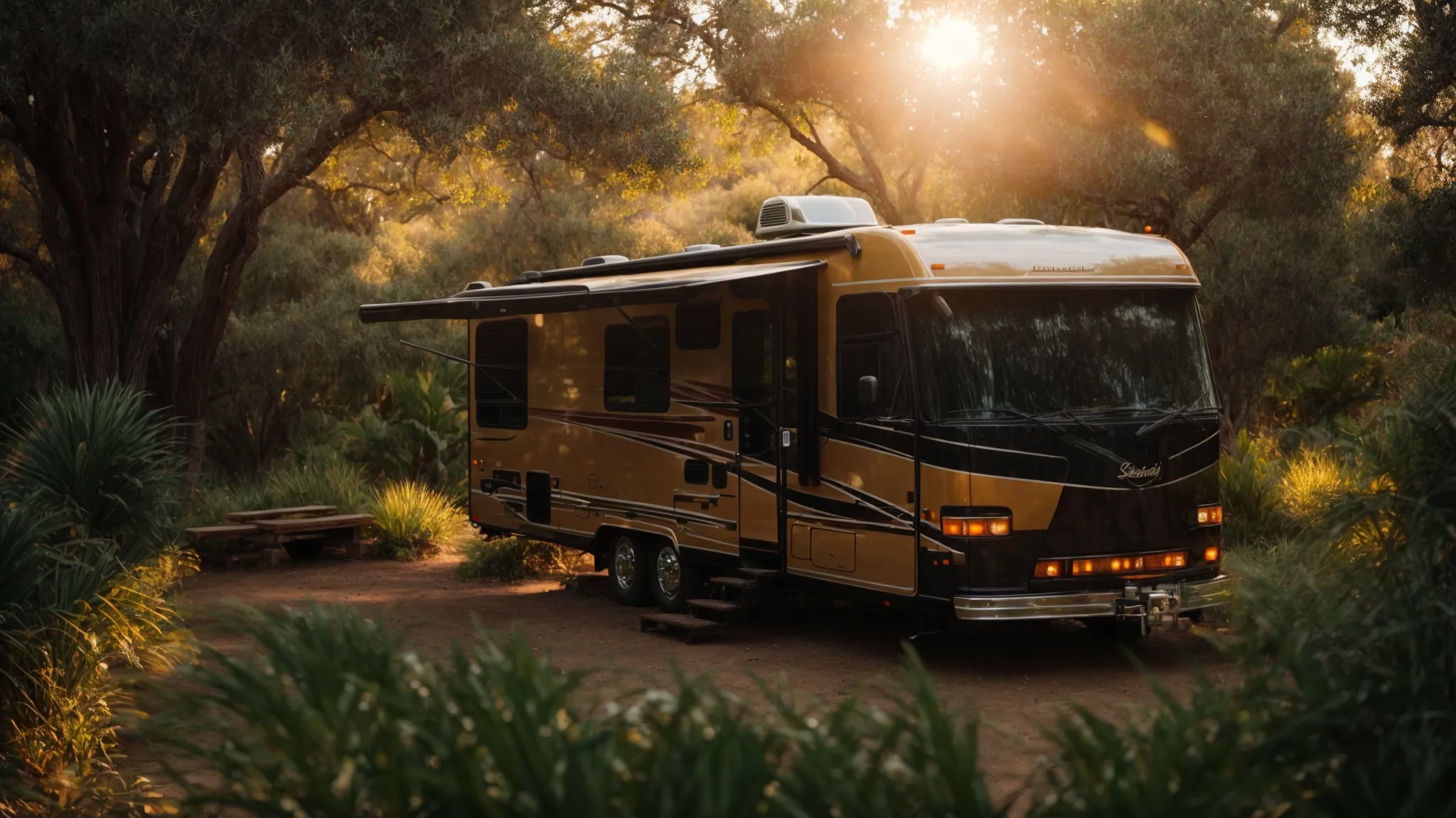 an rv parked amidst the lush greenery of a secluded san diego park with the golden hues of sunset in the background.