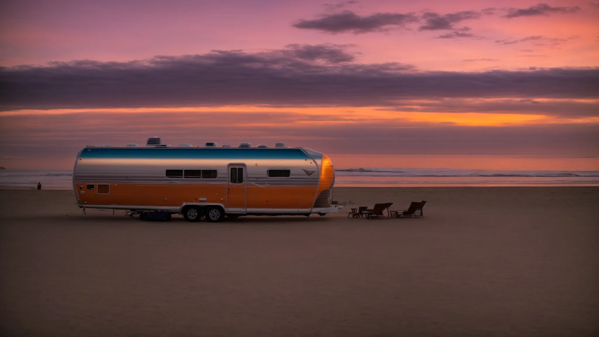an rv parked beside the serene beach in san diego as sunset paints the sky in hues of gold and orange.