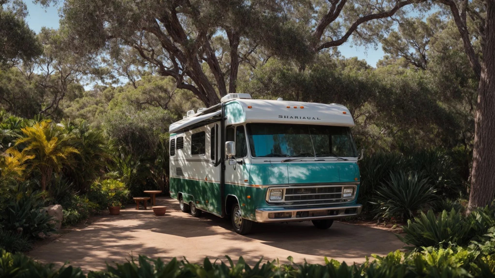 an rv parked amidst a breathtaking san diego park, surrounded by lush greenery and a clear blue sky.