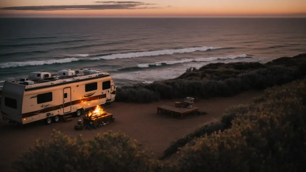 an rv is parked overlooking the ocean at sunset with a campfire nearby, in a coastal san diego campground.