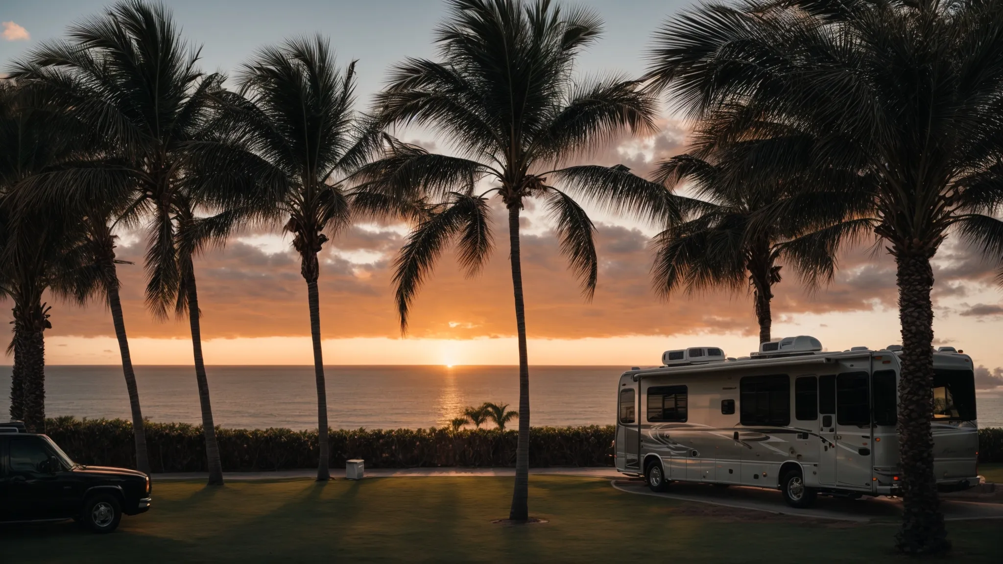 an rv parked amidst palm trees with a panoramic view of the ocean at sunset.