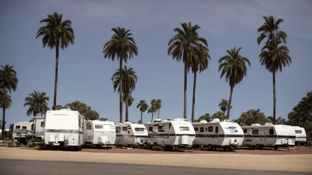 a row of rvs parked alongside palm trees under a sunny san diego sky.
