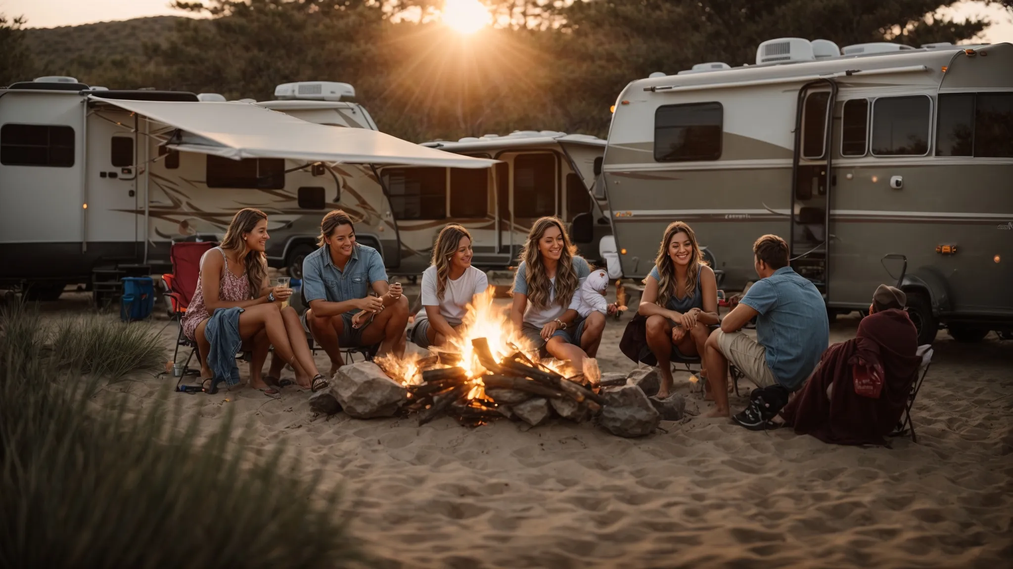 a family gathers around a campfire at an rv campground near the beach as the sun sets.
