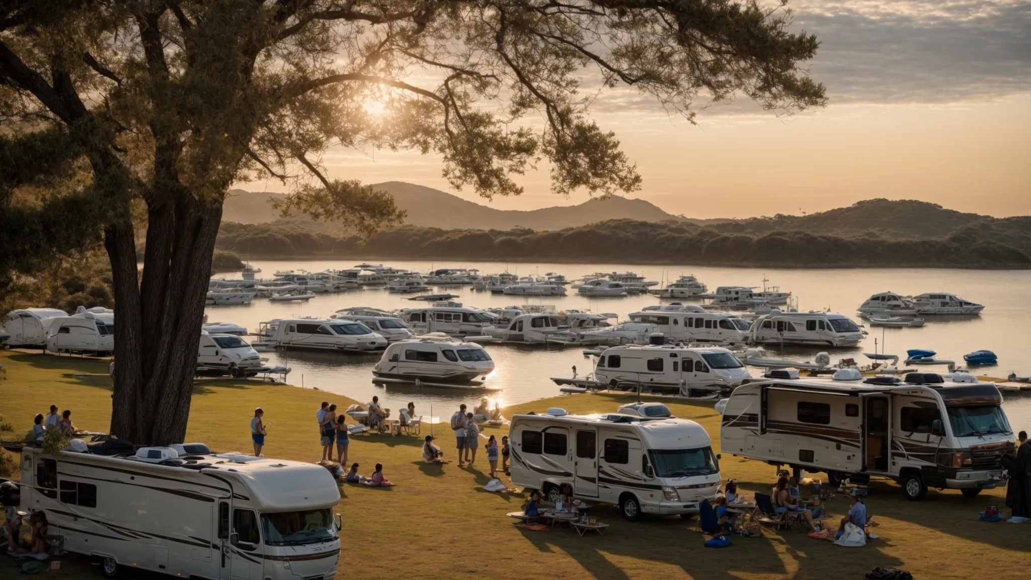 an array of rvs parked along the edge of a tranquil bay, with families enjoying picnics by the water's edge under a sunset sky.