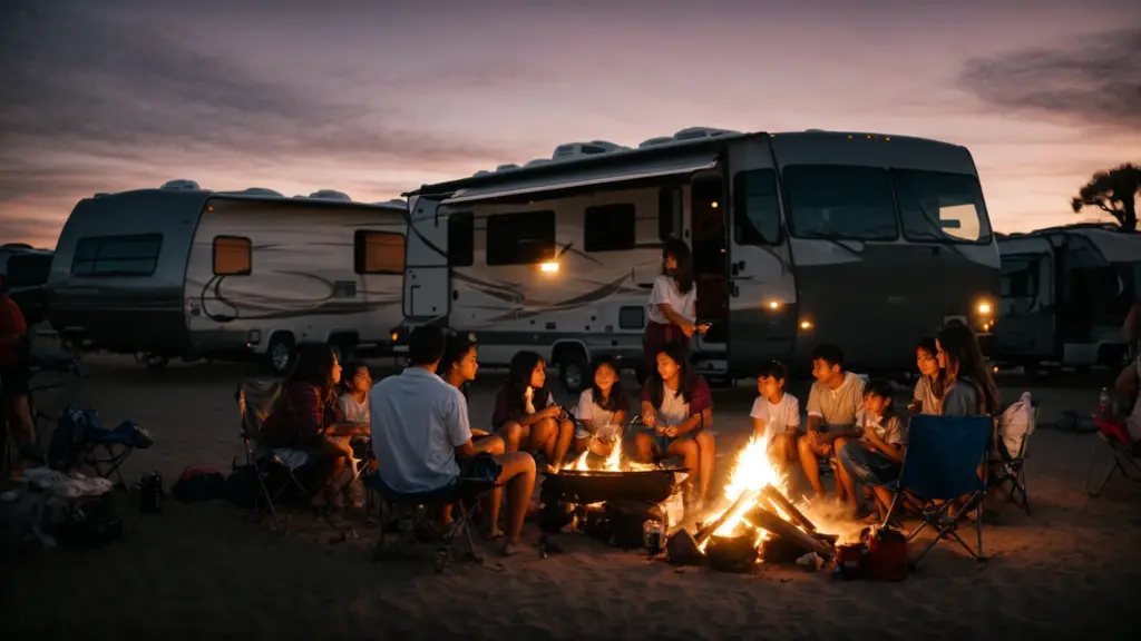 a family gathered around a campfire outside their parked rv at a scenic san diego campsite as the sun sets.