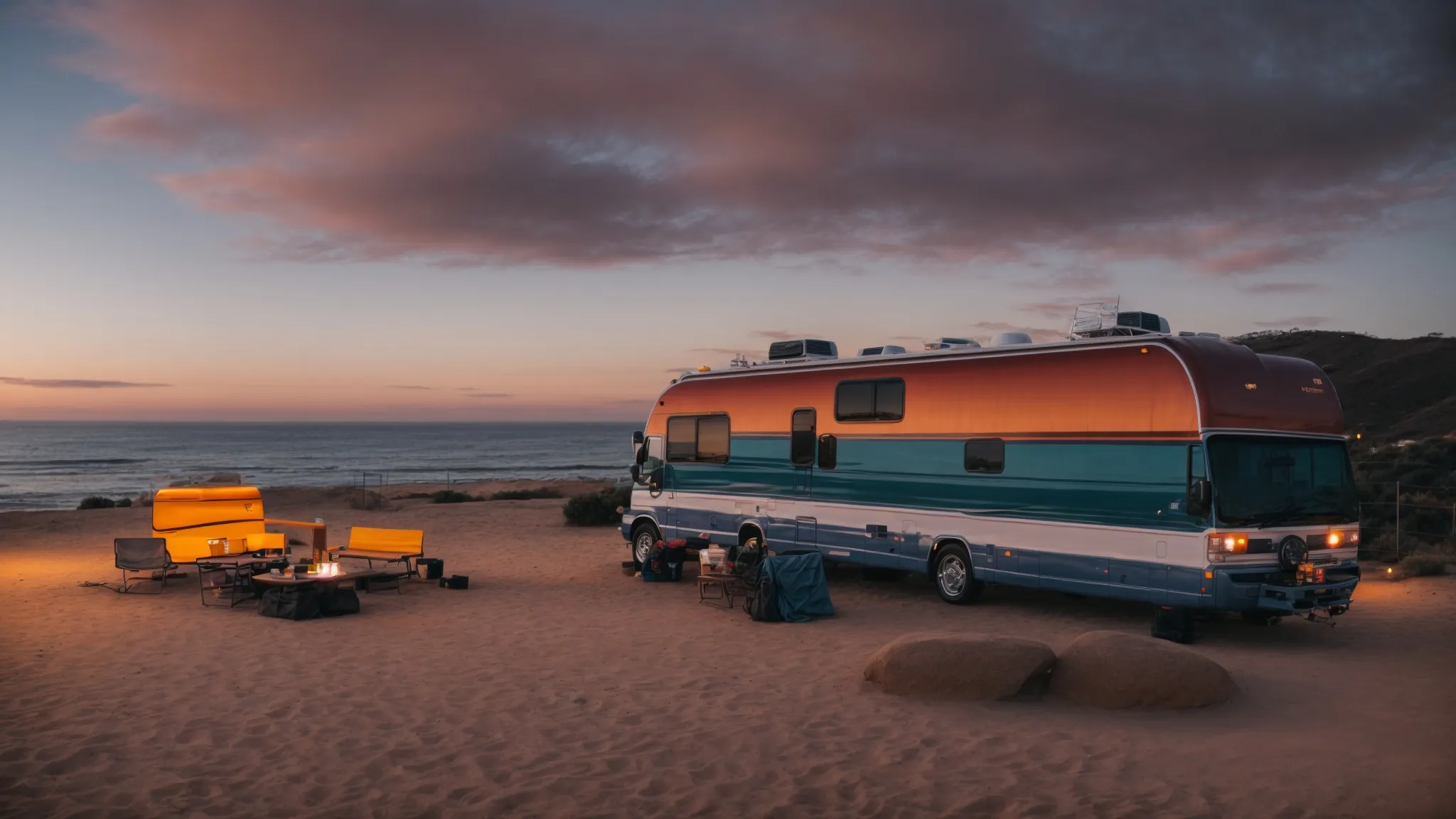 an rv parked by the serene san diego coastline as the sunset paints the sky in vibrant hues.