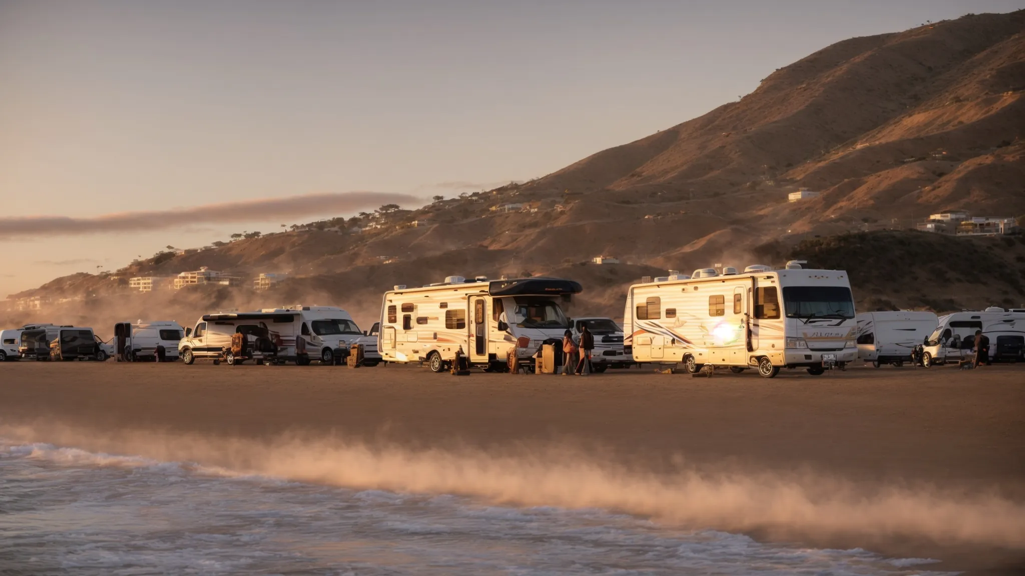 a row of diverse rvs parked against a scenic san diego sunset, with potential renters browsing them.
