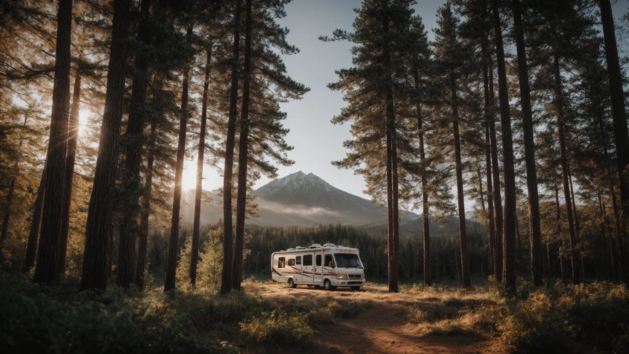 an rv parked amidst sprawling forest with a distant mountain backdrop under a wide, open sky.