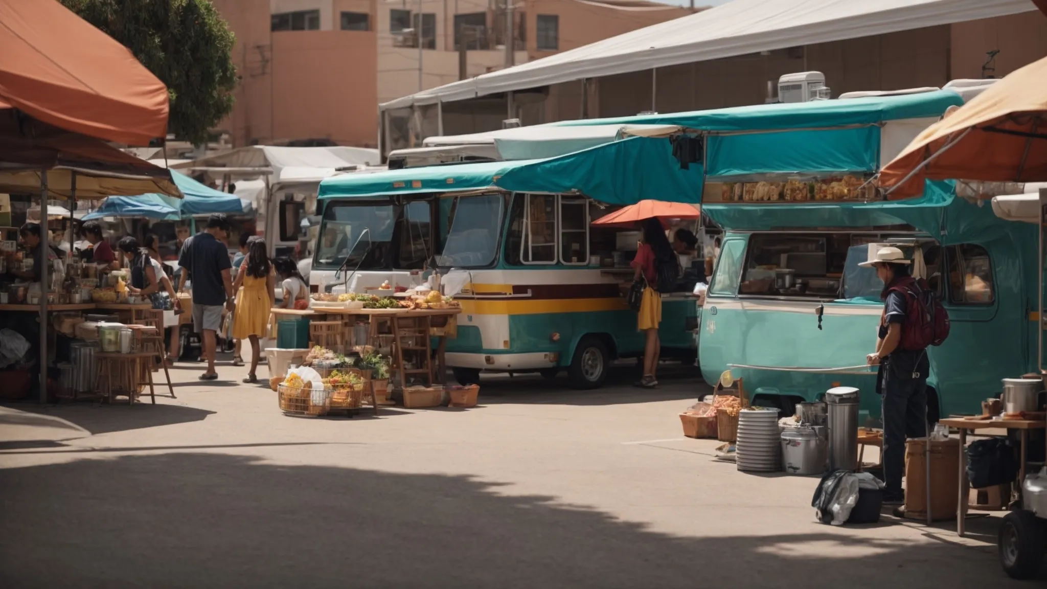 an rv parked beside a bustling street food market under the warm san diego sun.