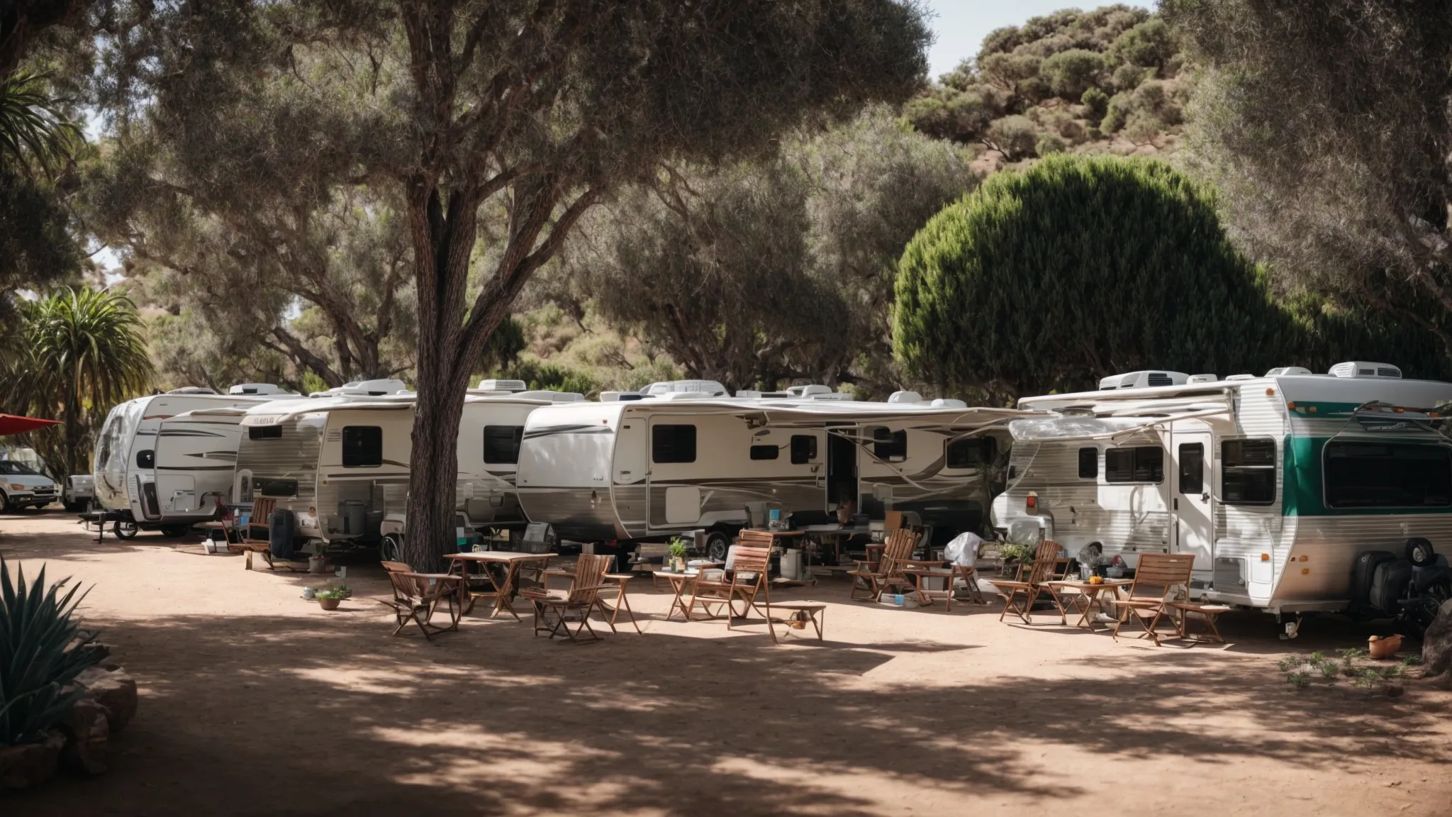 rvs parked amidst lush greenery in a spacious san diego park, with people relaxing in camping chairs under awnings.