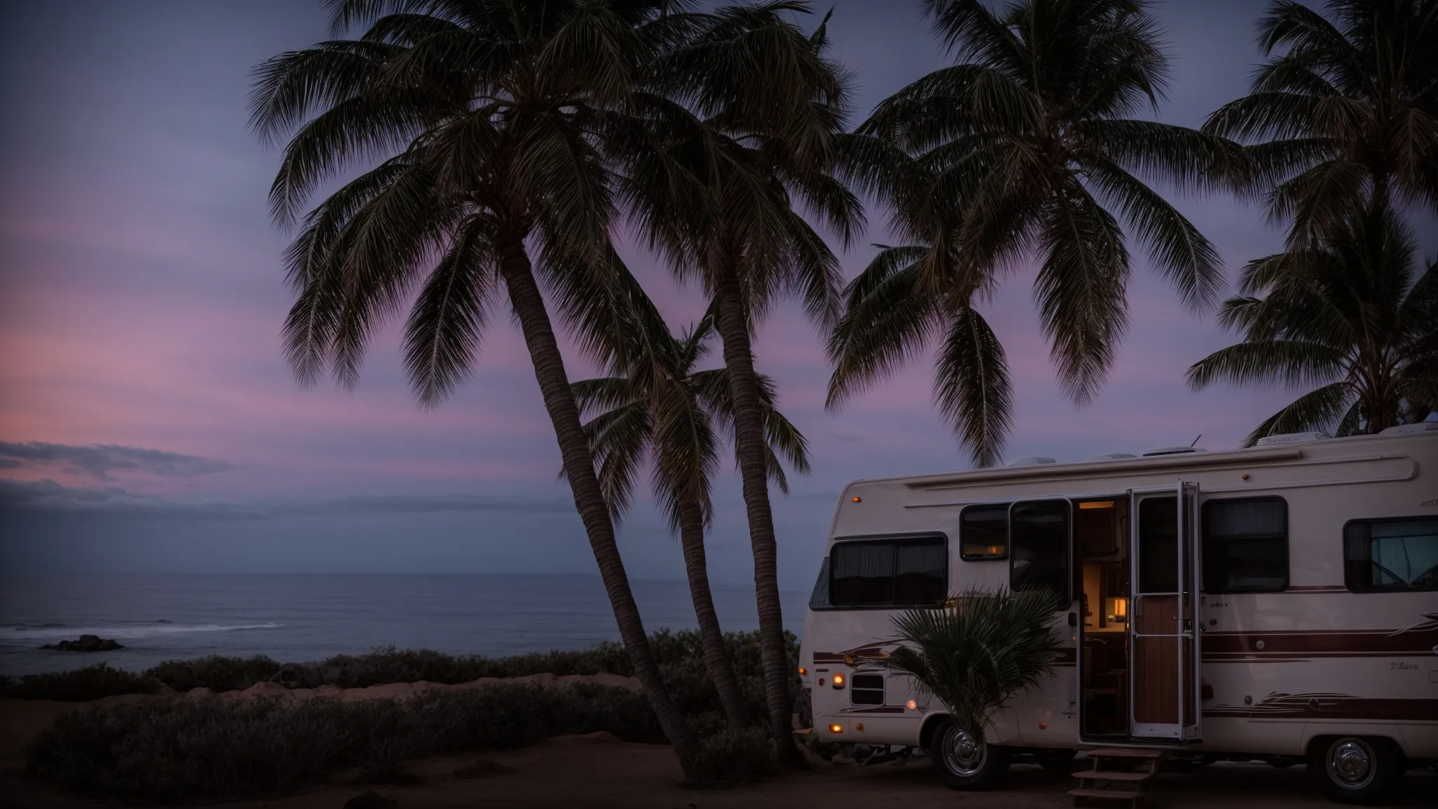an rv parked amidst palm trees with a view of the pacific ocean at twilight.