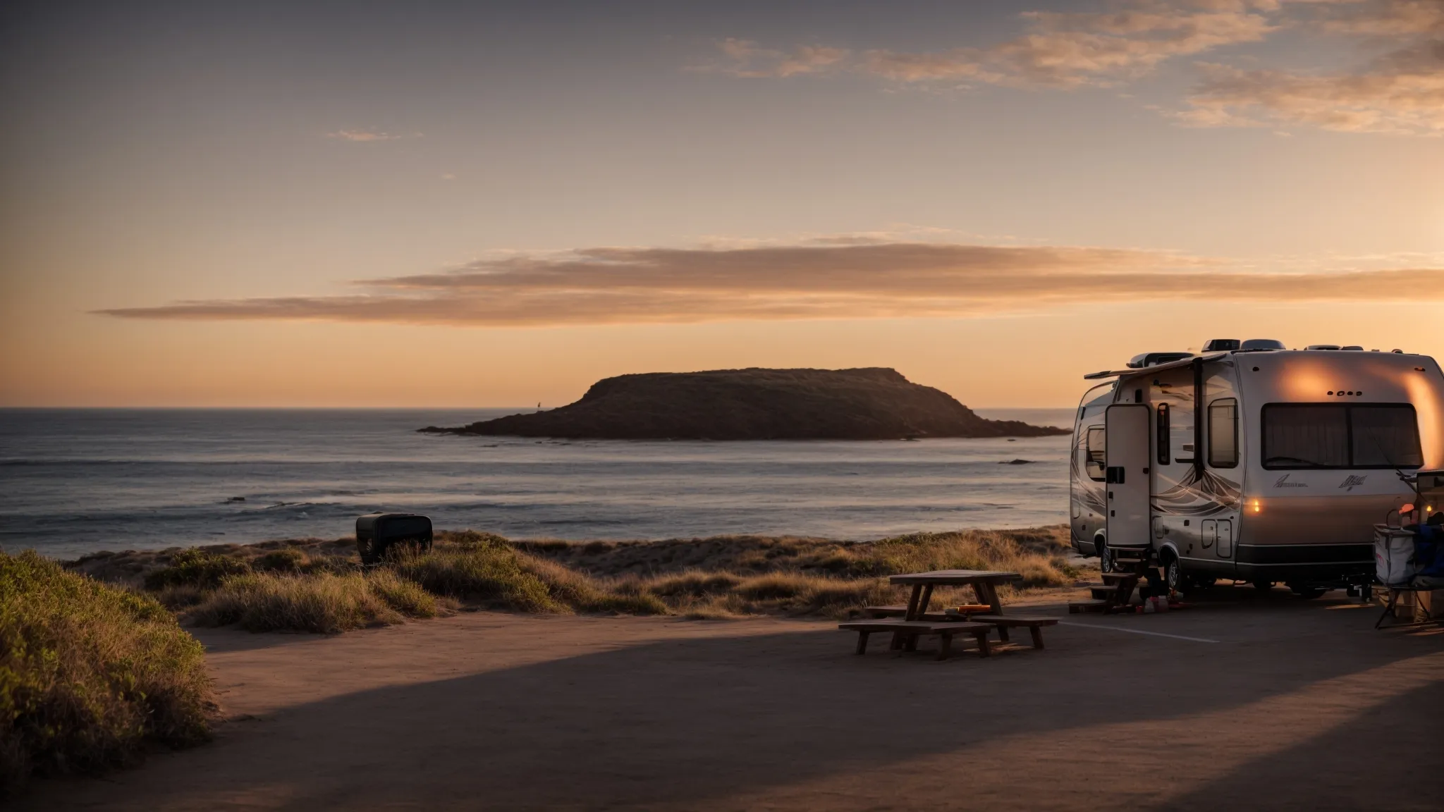 an rv parked by the ocean's edge, basked in the glow of a sunset with a nearby picnic table and a wifi signal board visible.