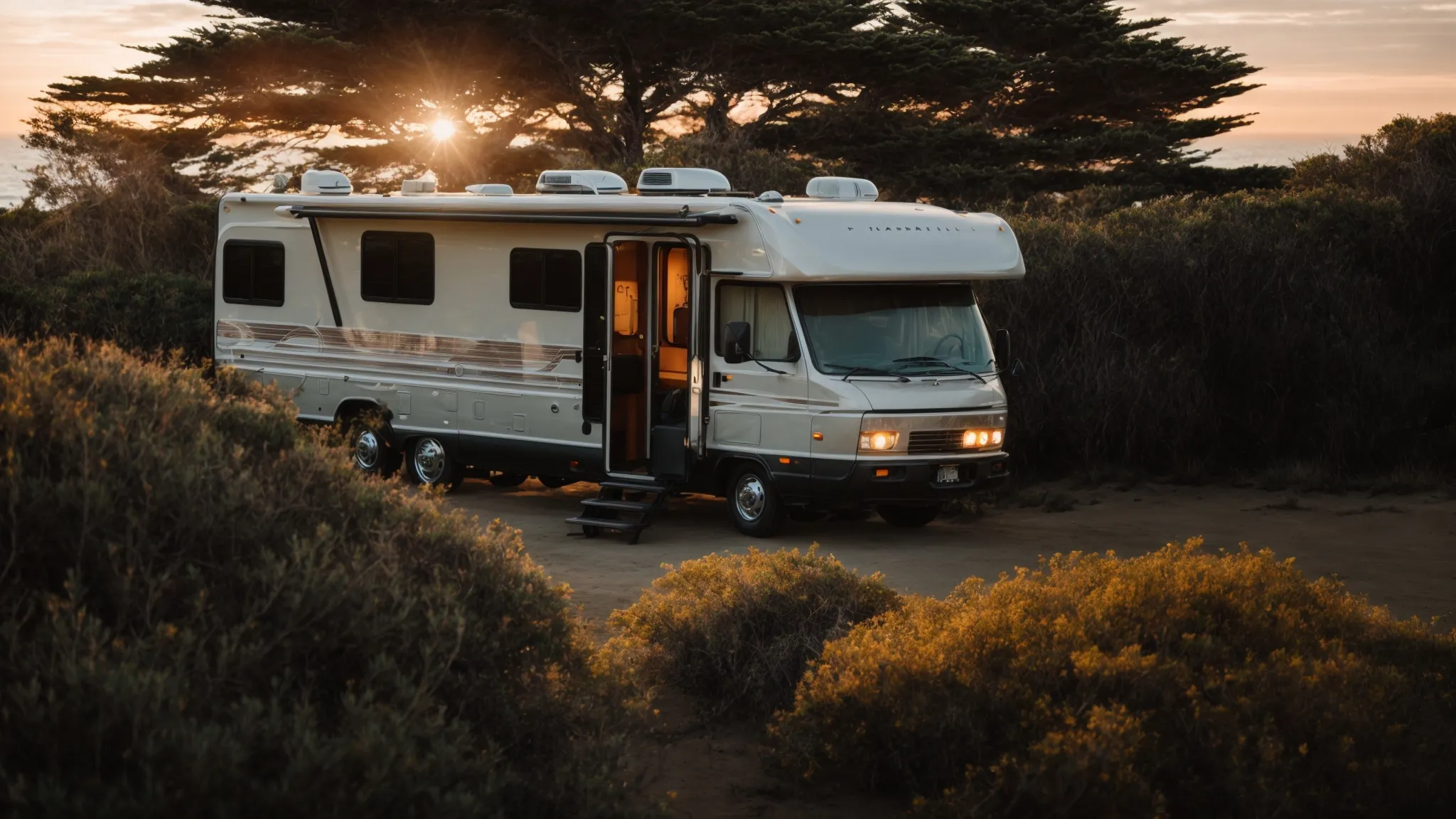an rv parked amidst coastal shrubs with the sun setting over the pacific ocean.