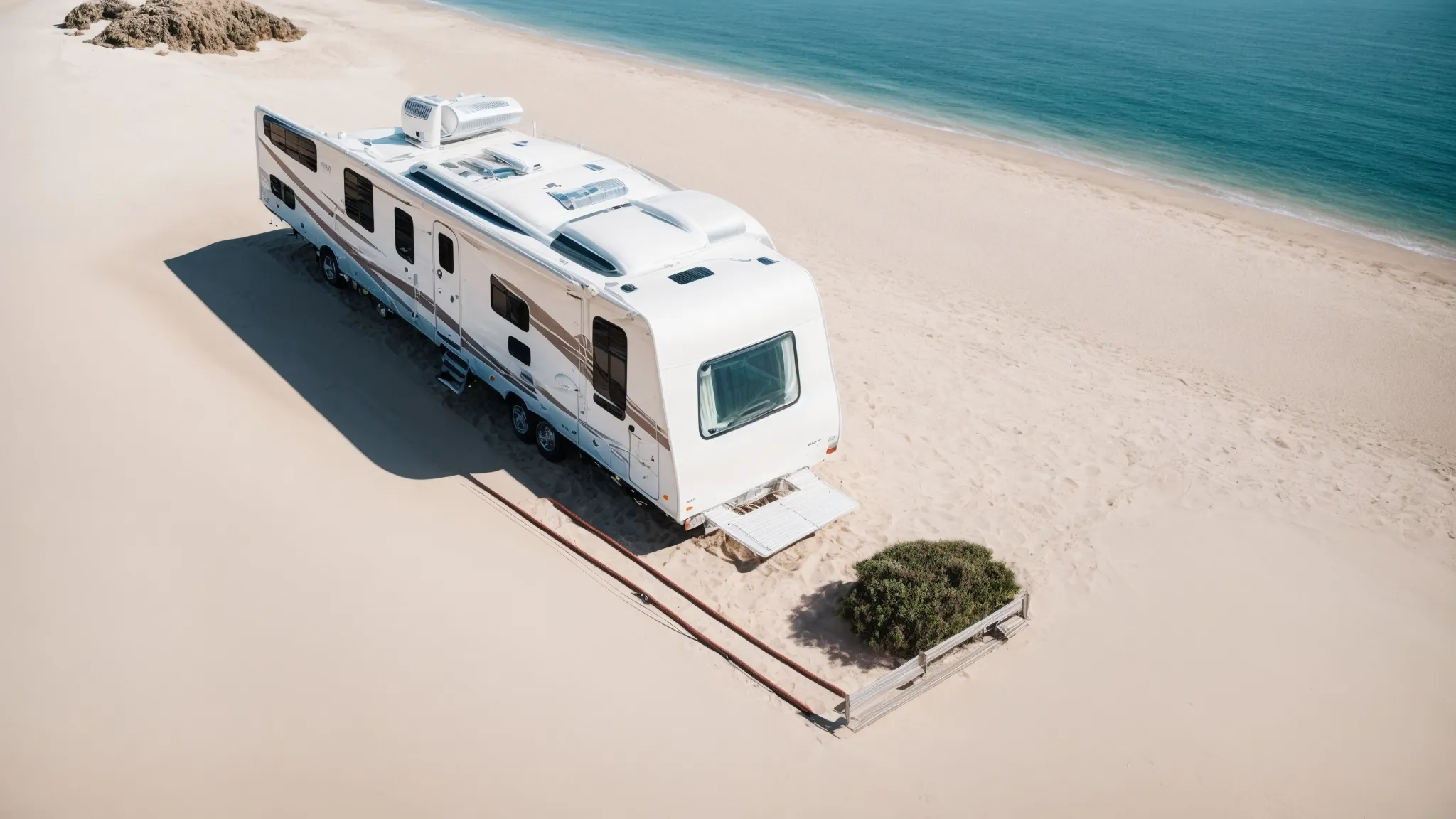 an rv is parked beside a pristine beach with the calm sea stretching to the horizon under a clear sky.