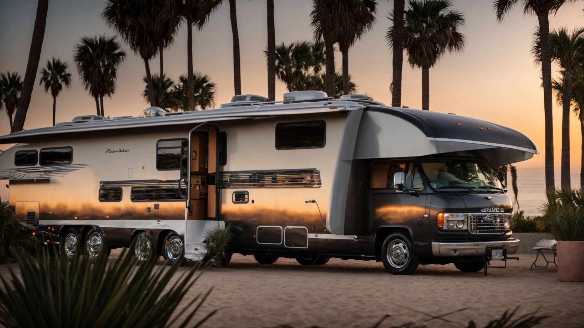 an image of sleek rvs parked amidst palm trees with plush outdoor seating areas and a backdrop of majestic pacific coast sunset.