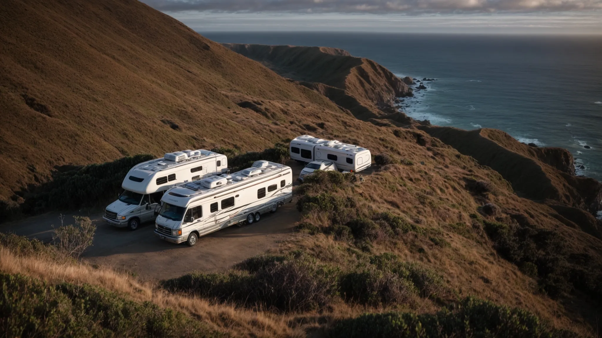 a row of rvs parked on a cliffside overlooks a sweeping view of the pacific ocean at sunset.