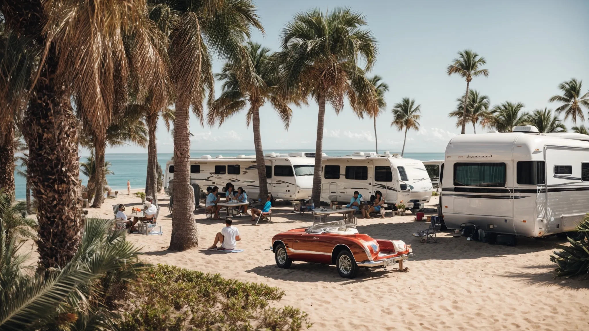 a wide-angle view of rvs parked amidst palm trees with the ocean in the background as families relax under the sun.