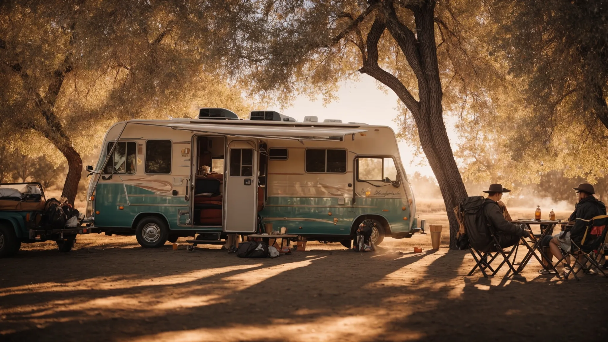 an rv parked amidst sun-kissed trees with a campfire nearby as a group relaxes under the expansive california sky.