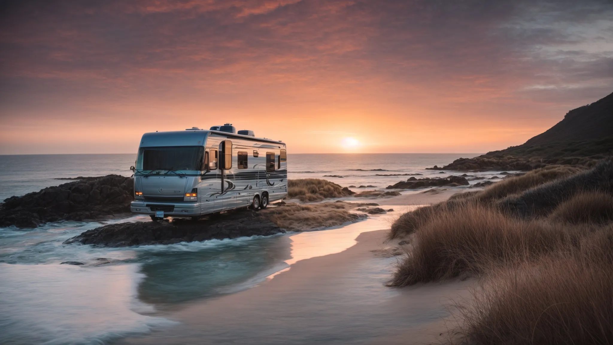 an rv parked amidst picturesque coastal scenery with a serene beach and a sunset backdrop.