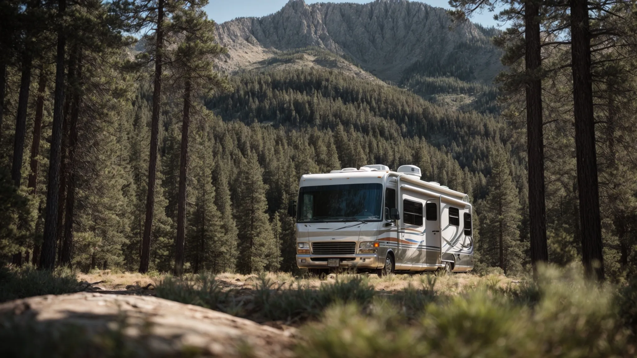 an rv nestled among pines with a mountain backdrop under a clear blue sky.