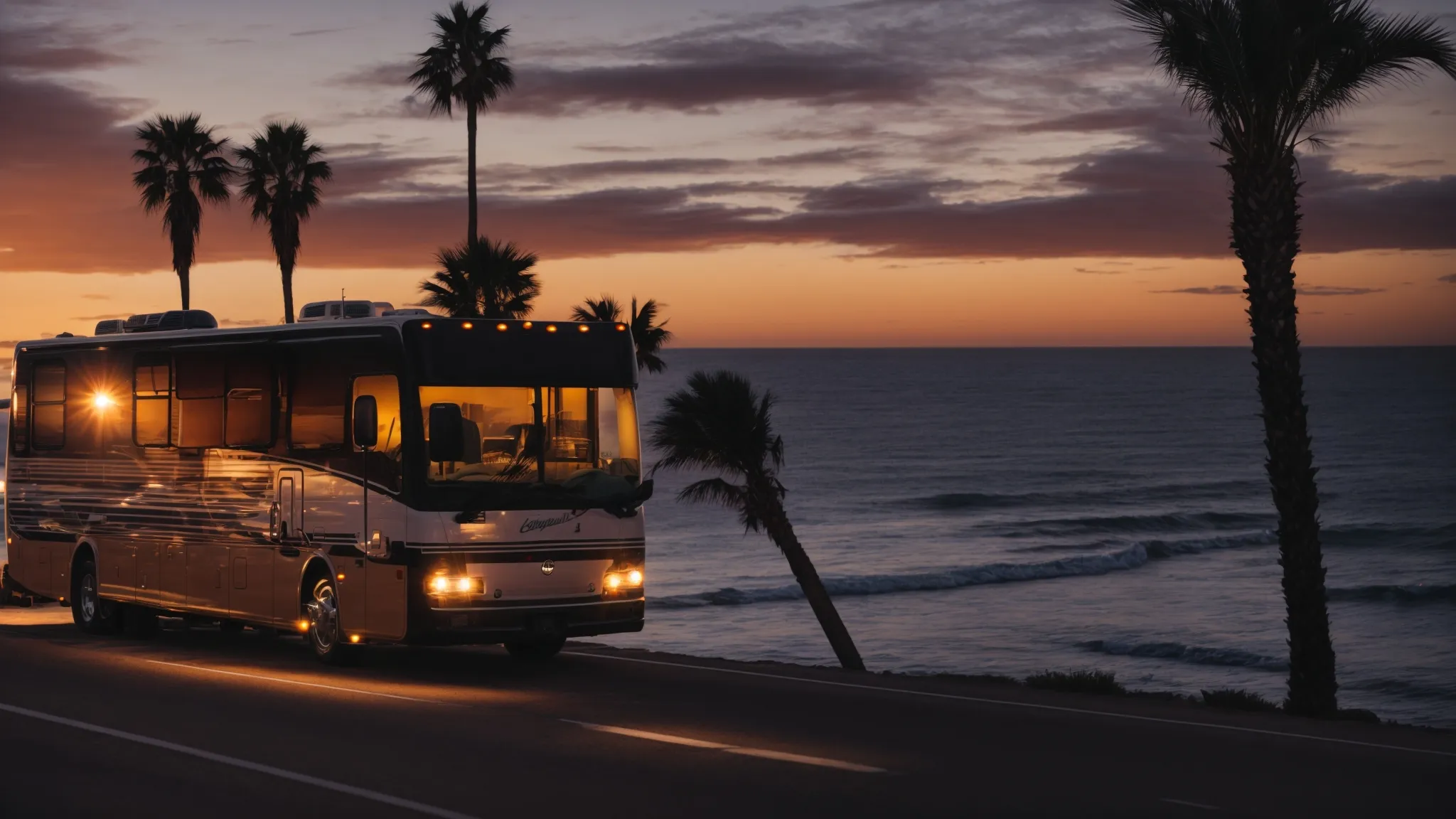an rv cruising down a coastal highway with the san diego sun setting behind a silhouette of palm trees.