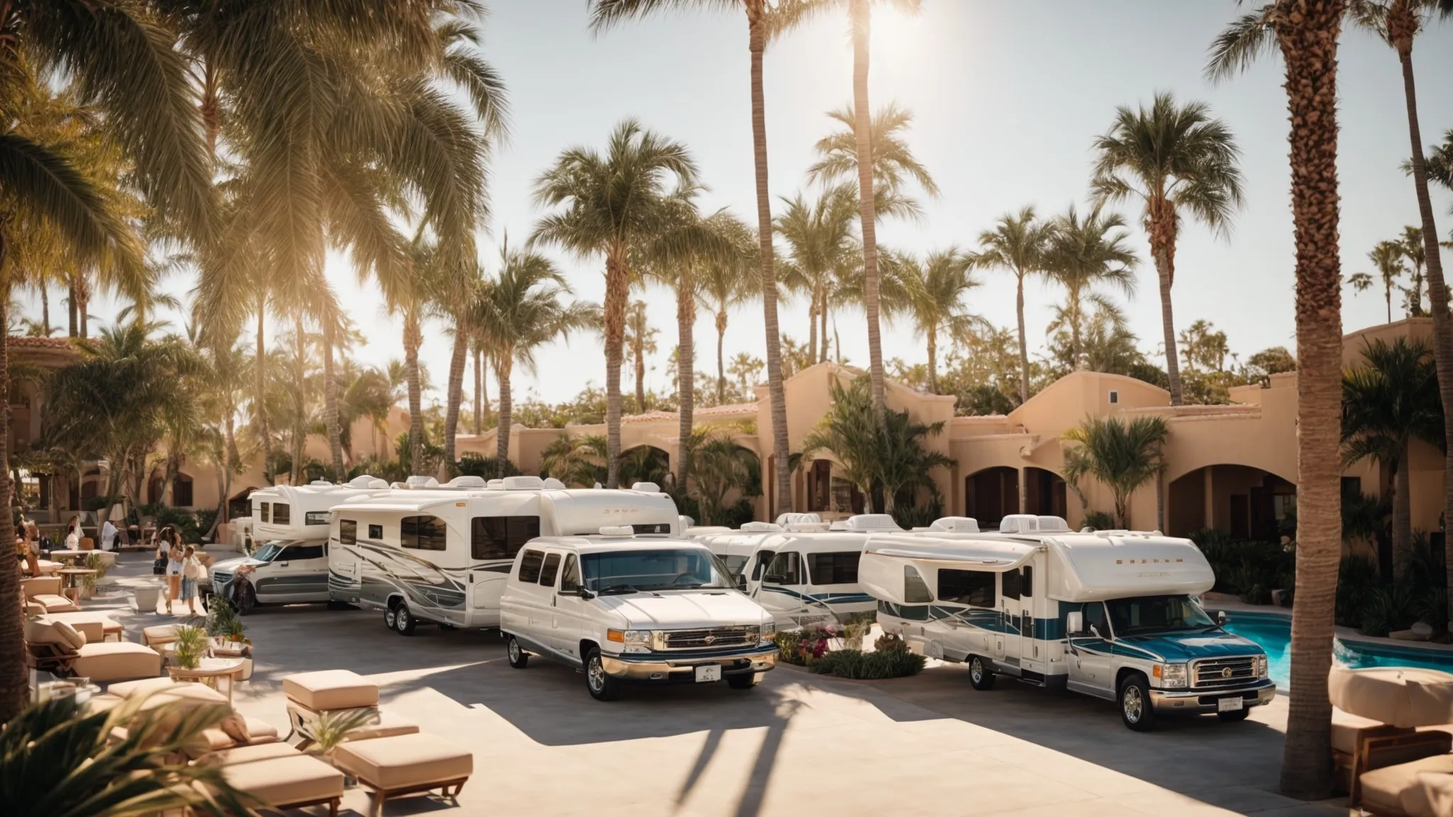 luxurious recreational vehicles parked in orderly rows amidst palm trees at a sun-drenched san diego resort, with guests lounging by a sparkling pool.