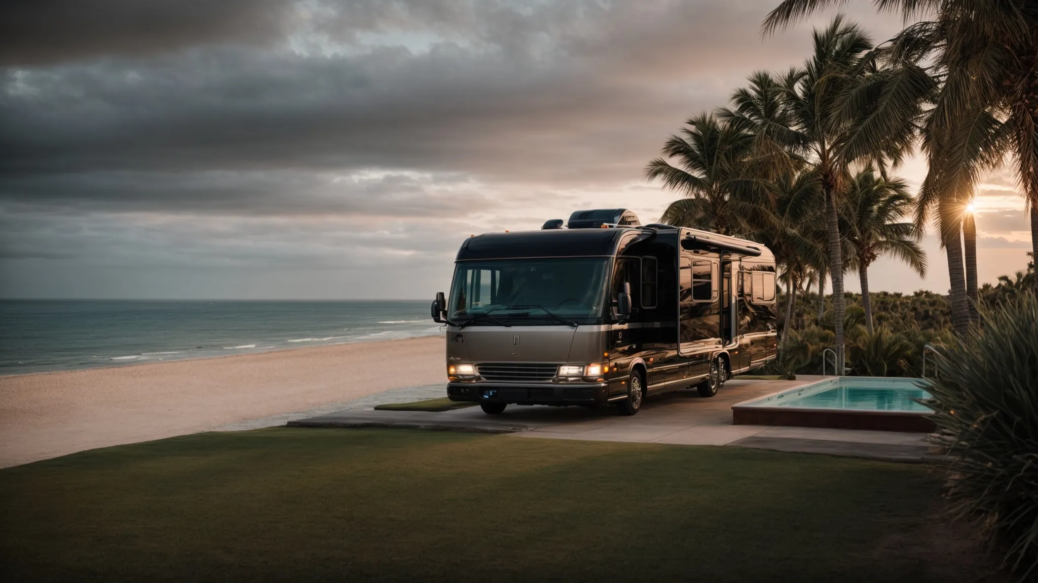 a modern rv overlooking a serene coastal landscape with lush palm trees and upscale outdoor facilities at sunset.