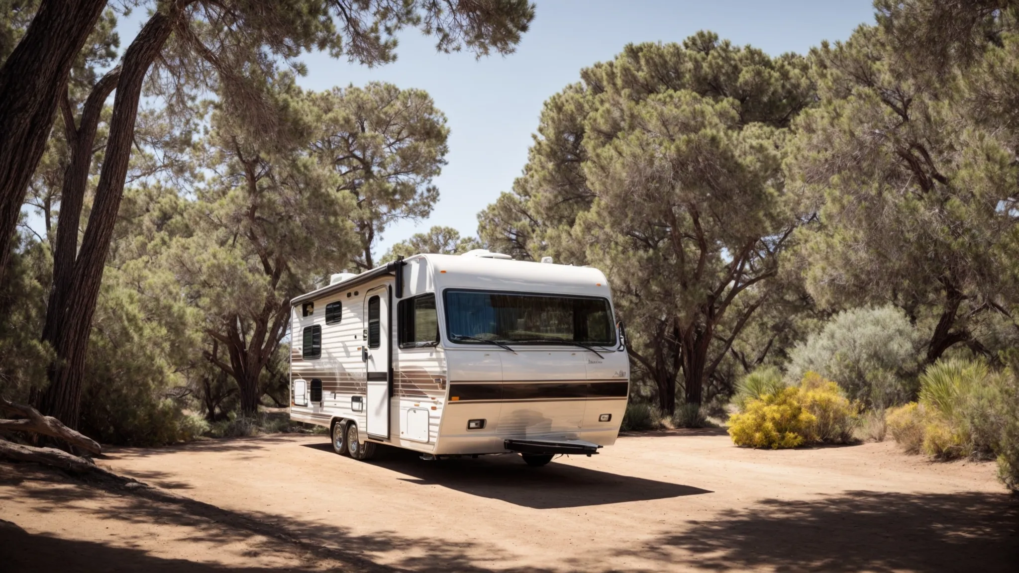 an rv is parked amid peaceful, forested grounds under a clear, bright sky, encapsulating the essence of an idyllic san diego rv park.