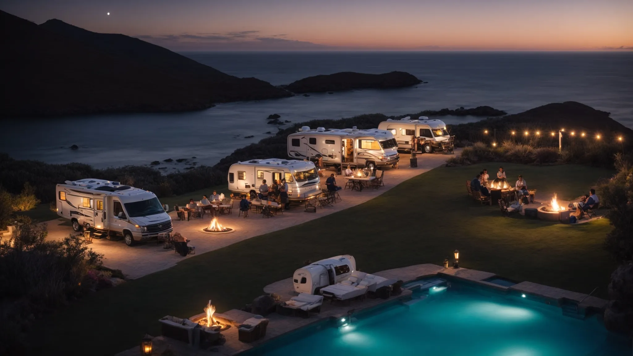 an evening scene featuring luxury rvs parked beside an illuminated pool with the ocean and mountains in the distance, as guests gather around a fire pit under the stars.