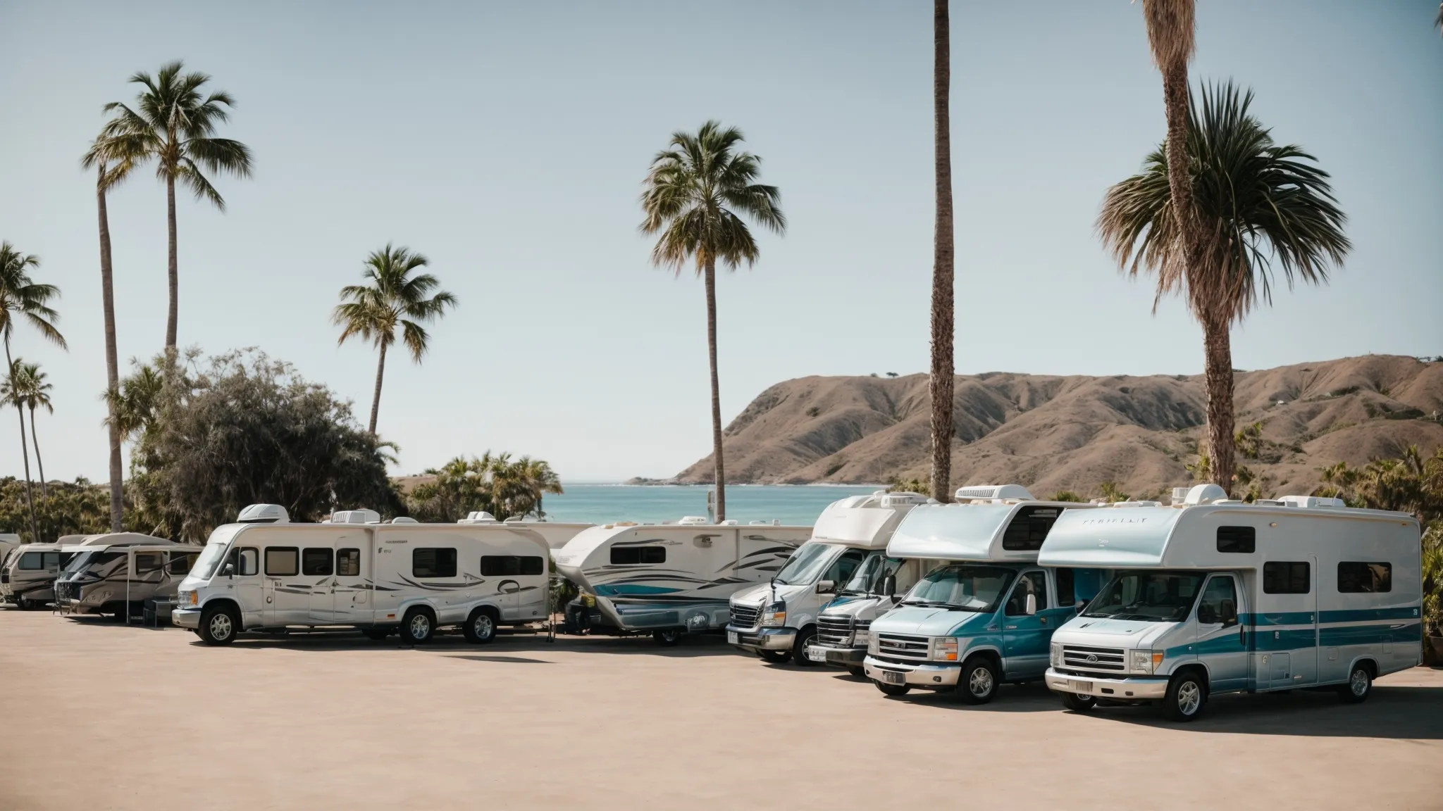 a lineup of recreational vehicles parked beside palm trees with views of the pacific ocean under a clear blue san diego sky.
