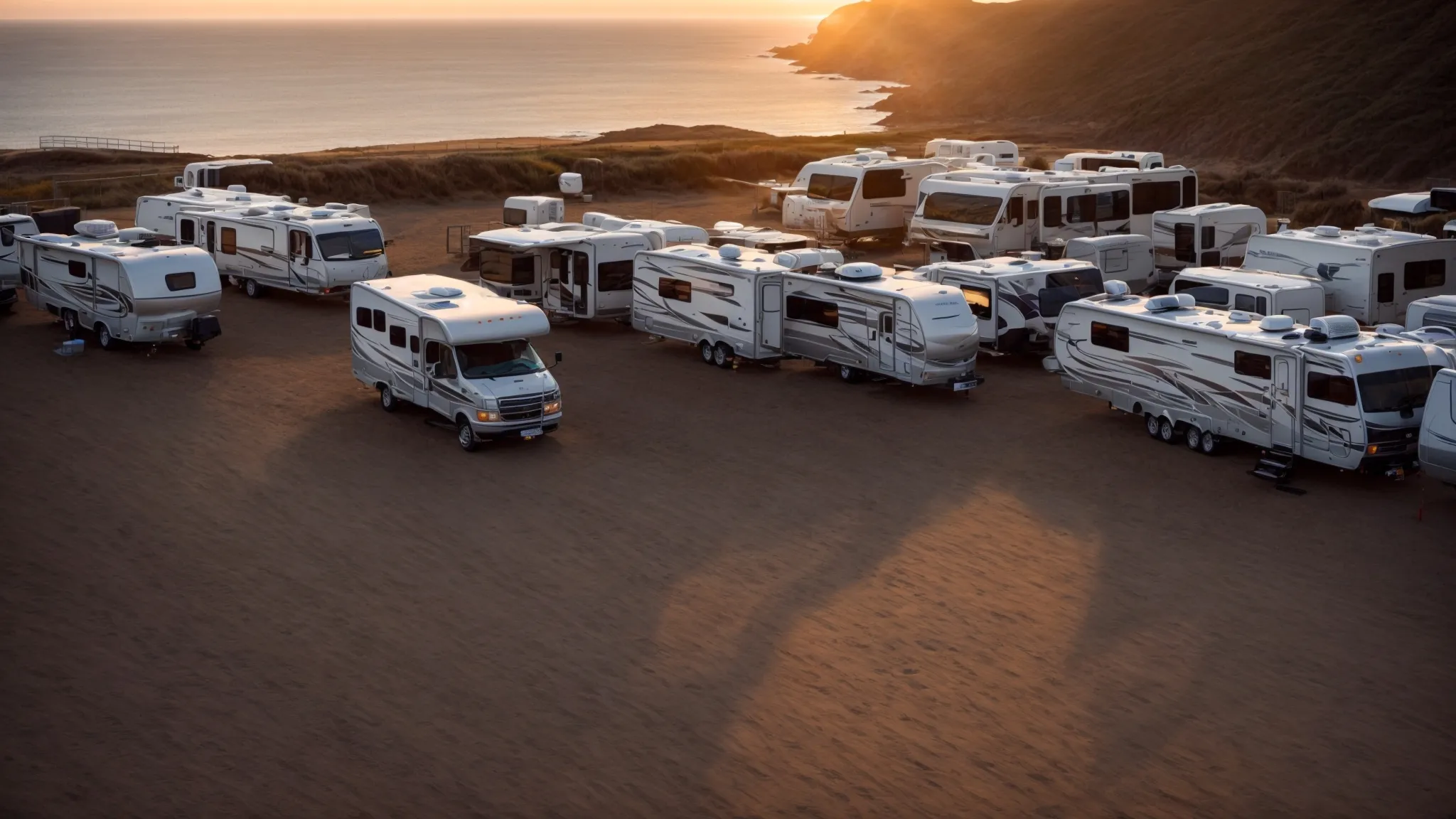 an array of rvs parked by the glistening seaside with the sun setting over the pacific ocean.