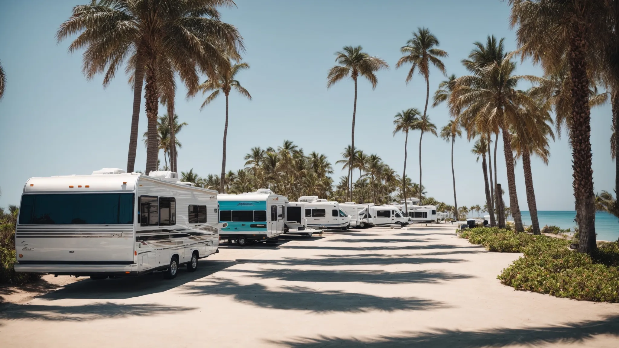 rvs parked amidst palm trees with a view of the ocean under a clear blue sky.