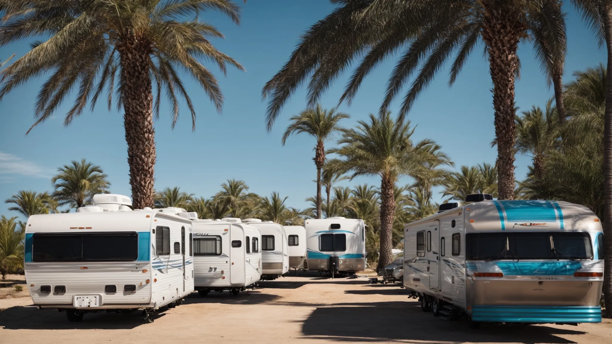 a line of rvs nestled between palm trees with a backdrop of a clear blue sky.