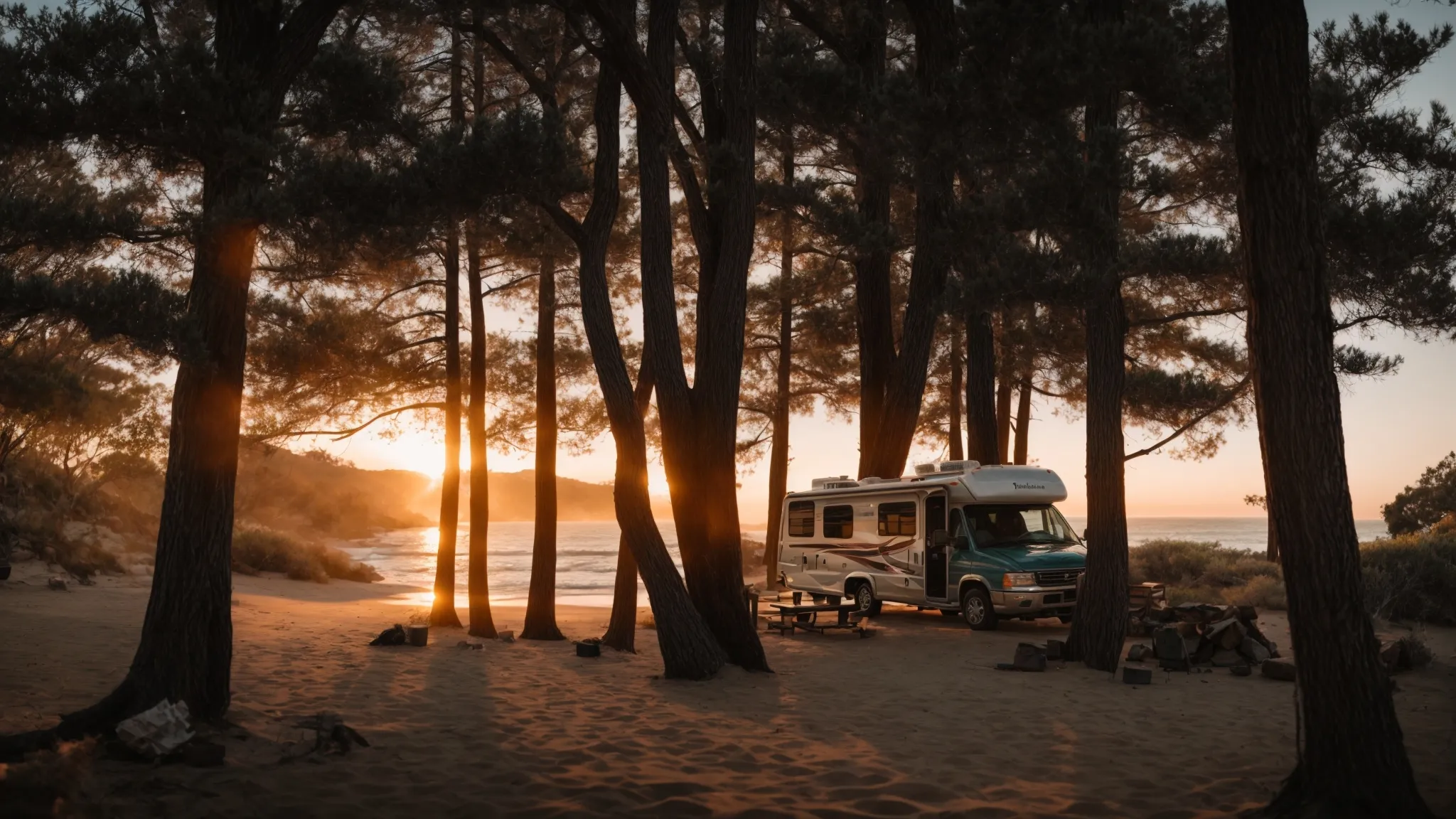an rv nestled amid towering trees with a campfire nearby as the sunset colors the horizon over a secluded san diego beach.
