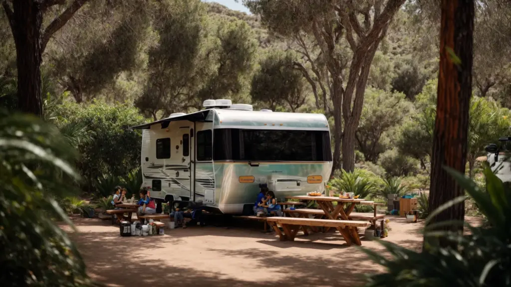 an affordable rental rv is parked amidst the lush greenery of a san diego park, with a family setting up a picnic table beside it.